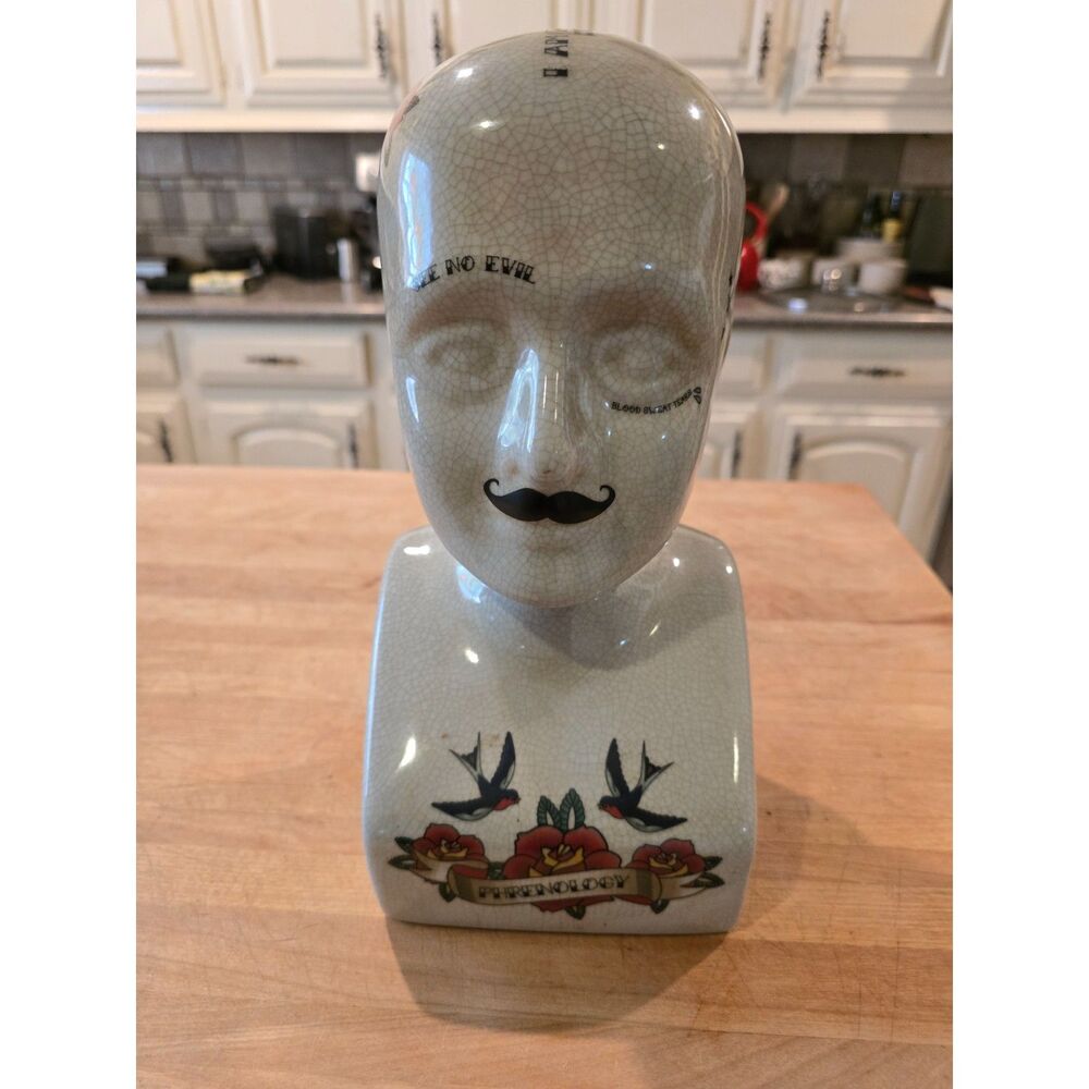 Three Hands White Phrenology Head Ceramic 6in x 5 in x 11 in H Head Tattoos Odd